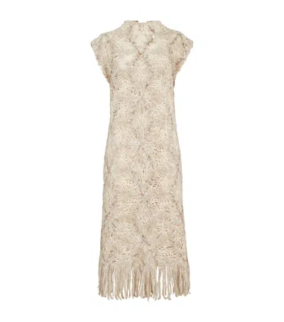 Brunello Cucinelli Mohair-blend Embellished Midi Dress In Neutral