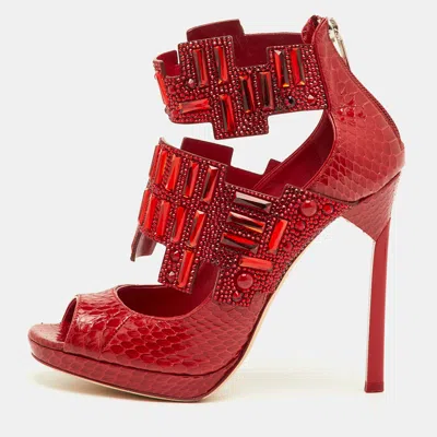 Pre-owned Jimmy Choo Jing Size 38.5 Red Snakeskin Leather Crystal Embellished Ankle Booties