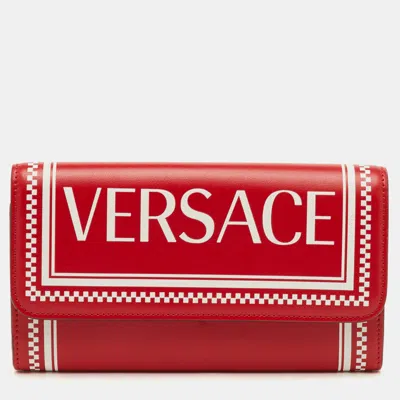 Pre-owned Versace Red/white Leather Logo Flap Continental Wallet