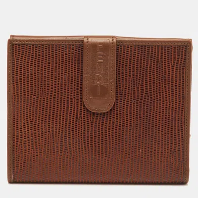 Pre-owned Fendi Vintage Brown Lizard Effect Leather Compact Wallet