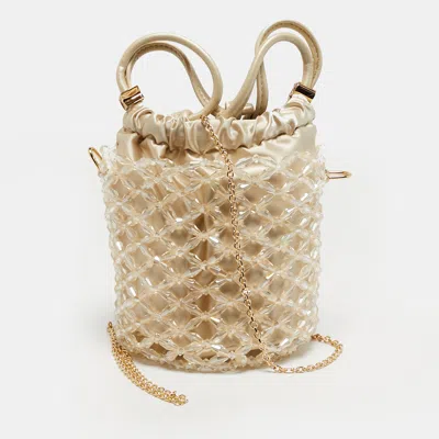 Pre-owned Charles & Keith Light Cream Beaded Chain Bucket Bag In White
