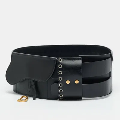 Pre-owned Dior Saddle 80cm Wide Waist Belt Black Leather