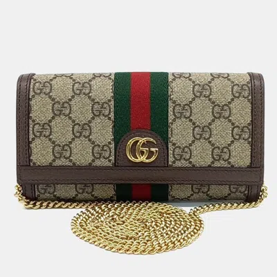 Pre-owned Gucci Beige Brown Pvc Ophidia Chain Long Wallet In Sand