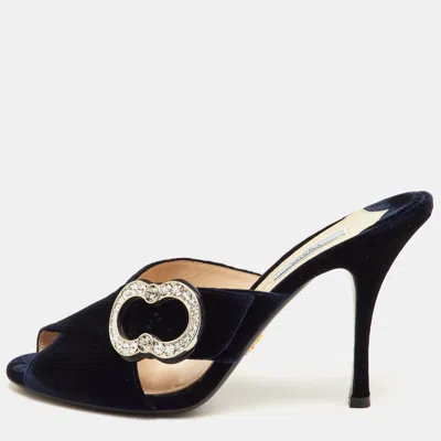 Pre-owned Prada Size 40.5 Navy Blue Velvet Crystal Embellished Slide Sandals