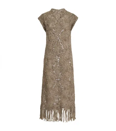 Brunello Cucinelli Mohair-blend Embellished Midi Dress In Brown