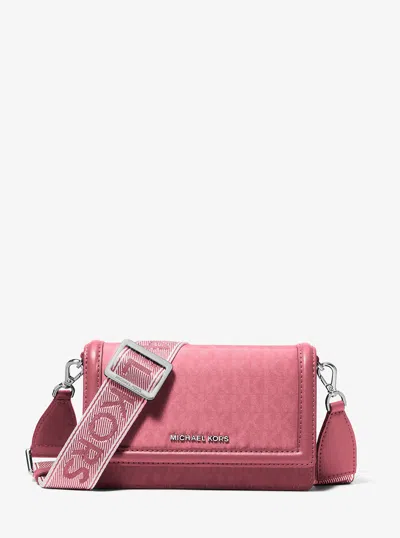 Michael Kors Jet Set Small Signature Logo Print Woven Smartphone Crossbody Bag In Pink