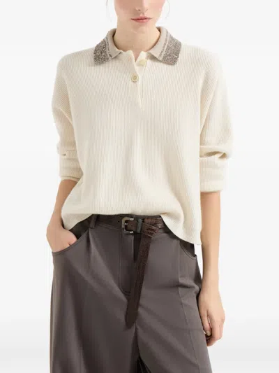 Brunello Cucinelli Polo With Dazzling Collar In Neutral
