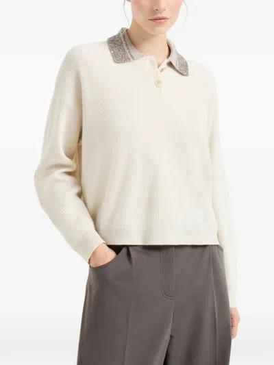Brunello Cucinelli Polo With Dazzling Collar In Neutral