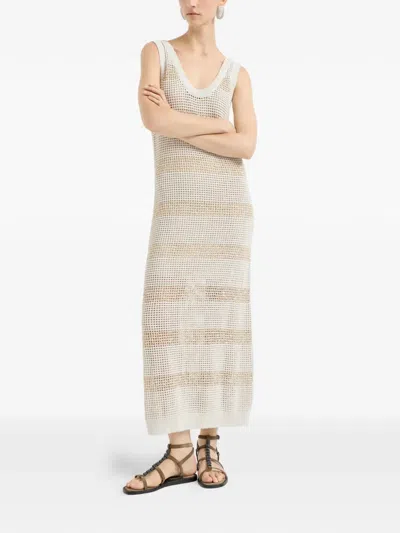 Brunello Cucinelli Striped Sleevess Midi Dress In Neutral