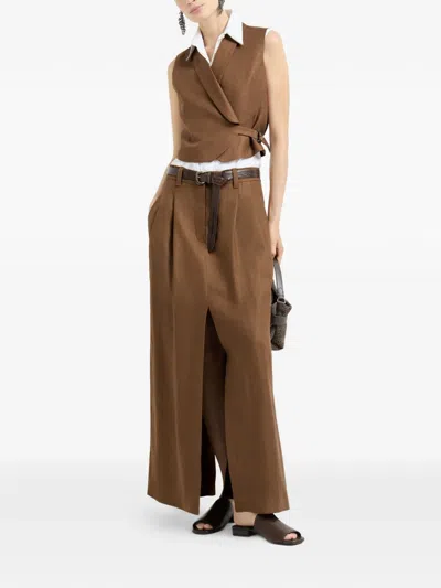 Brunello Cucinelli Monili-detail Linen Midi Skirt In Brown