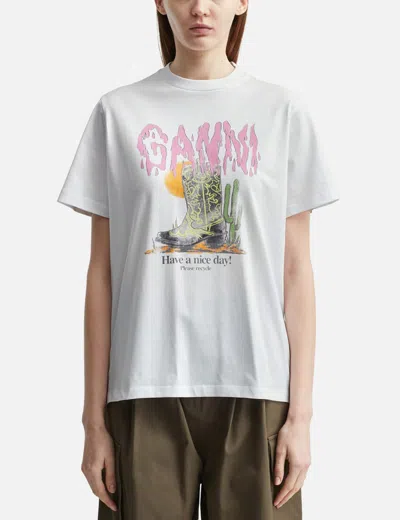 Ganni Graphic Print Relaxed Fit Short Sleeve Top In White