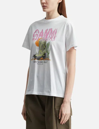 Ganni Graphic Print Relaxed Fit Short Sleeve Top In White