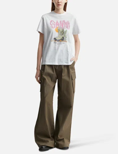 Ganni Graphic Print Relaxed Fit Short Sleeve Top In White