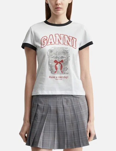 Ganni Women White Crewneck T-shirt With Maxi Print On The Front In Cotton Woman In Multi