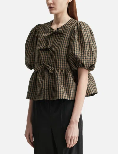 Ganni Crinkled Check Blouse In Green