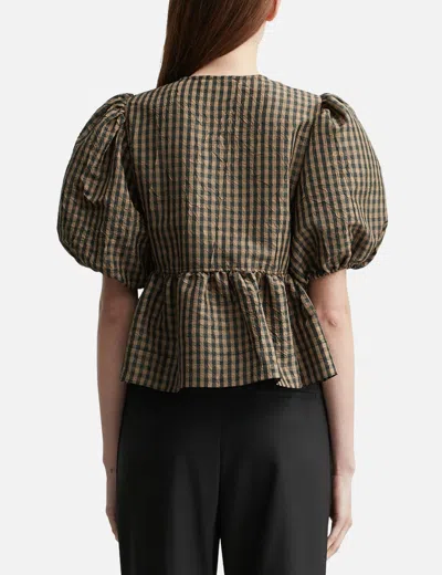 Ganni Crinkled Check Blouse In Green