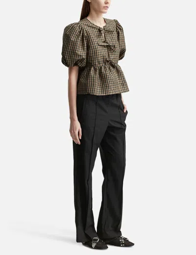 Ganni Crinkled Check Blouse In Green