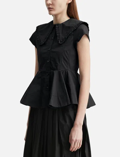 Ganni Short Cotton Ruffle Shirt In Black