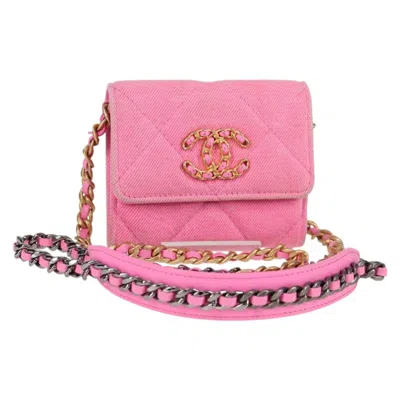 Pre-owned Chanel 19 Flap Coin Purse With Chain Quilted Denim Pink Canvas Bag ()