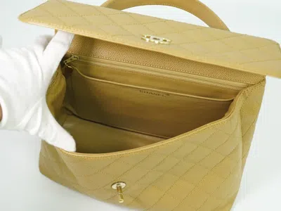 Pre-owned Chanel Coco Top Handle Bag Quilted Caviar Beige Leather Bag () In Sand