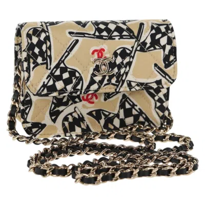 Pre-owned Chanel Flap Card Holder On Chain Quilted Printed Canvas Beige Canvas Bag () In Sand