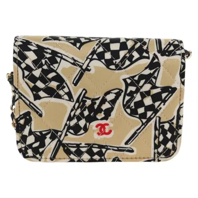 Pre-owned Chanel Flap Card Holder On Chain Quilted Printed Canvas Beige Canvas Bag () In Sand
