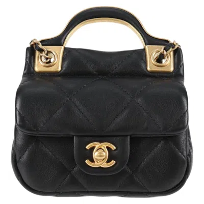 Pre-owned Chanel Lady Handle Flap Card Holder On Chain Quilted Calfskin Black Leather Bag ()