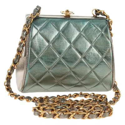 Pre-owned Chanel Vintage Chain Frame Bag Quilted Lambskin Green Leather Bag ()