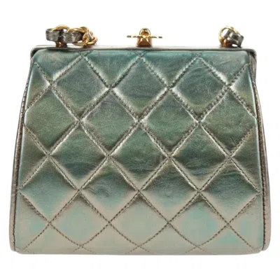 Pre-owned Chanel Vintage Chain Frame Bag Quilted Lambskin Green Leather Bag ()