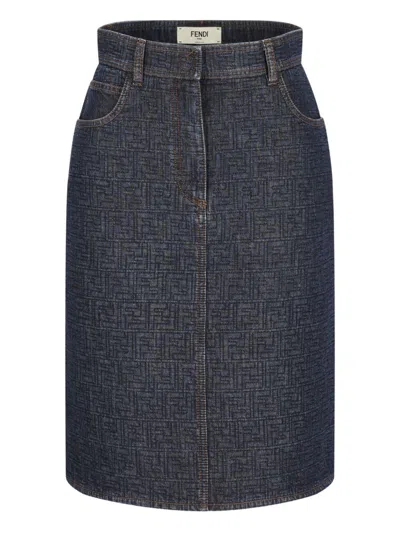 Fendi Flared Midi Denim Skirt With All-over Quilted Ff Motif Clothing In Blue