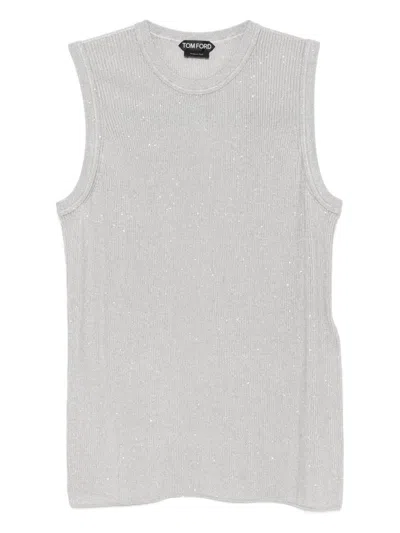 Tom Ford Sequined Crew Neck Sleeveless Ribbed Top In Gray