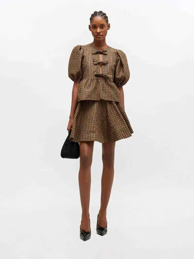 Ganni Crinkled Check Mini Circle Skirt In Brown