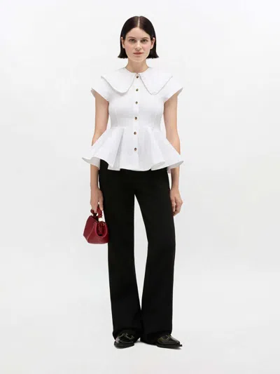 Ganni Short Cotton Shirt With Ruffles In White