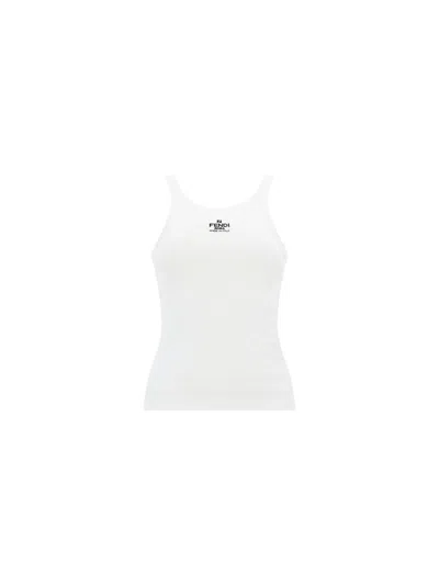 Fendi Women White Ribbed Tank Top With Contrasting Logo Embroidery In Stretch Cotton Woman In White