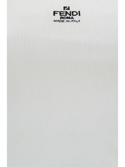 Fendi Women White Ribbed Tank Top With Contrasting Logo Embroidery In Stretch Cotton Woman In White