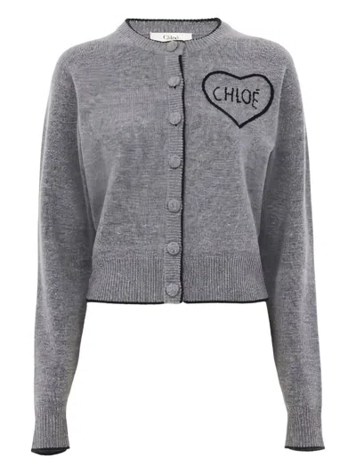Chloé Wool And Cashmere Cardigan With Logo Knitwear Grey In Gray