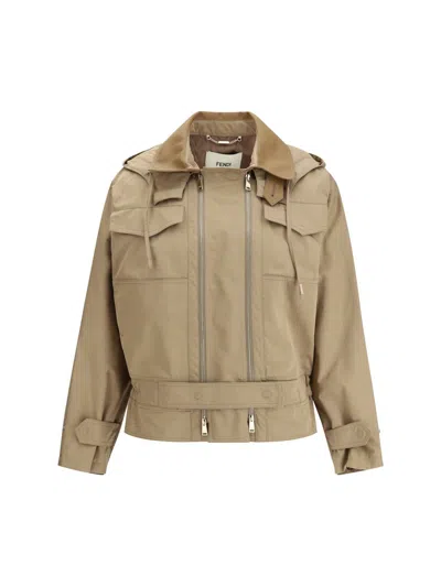 Fendi Beige Cotton Full-length Jacket In Brown