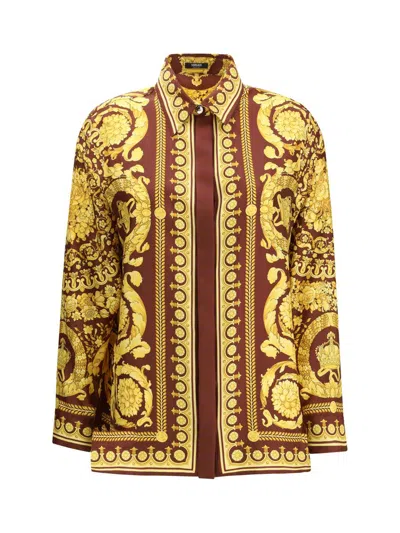 Versace Bordeaux Silk Pattern Shirt In Brown