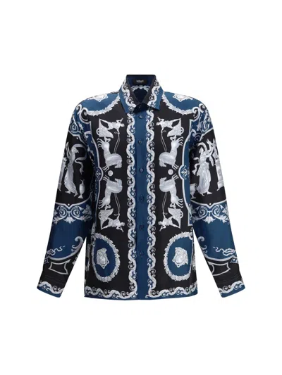 Versace Silk Shirt With Printed Design And Button-down Collar In Blue