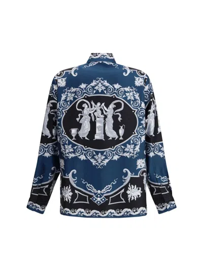 Versace Silk Shirt With Printed Design And Button-down Collar In Blue