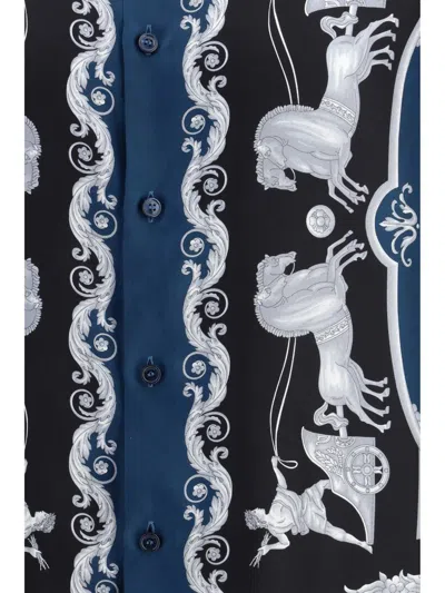 Versace Silk Shirt With Printed Design And Button-down Collar In Blue