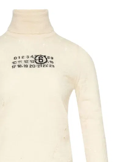 Mm6 Maison Margiela Distressed Turtleneck Sweater With Numeric Logo In Neutral