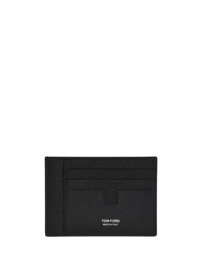 Tom Ford Black Card Holder With Embossed Lgoo Lettering On The Front And Money Clip In Grained Leather Man In Black