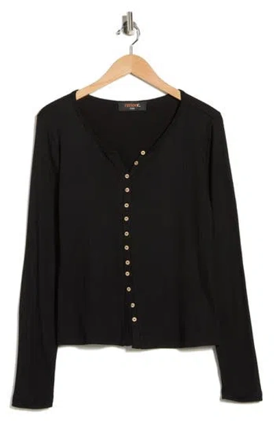 Renee C Button Front Long Sleeve Ribbed Top In Black