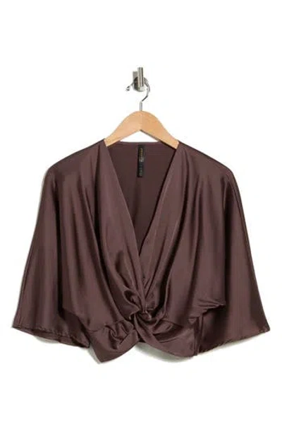 Renee C Plunge Neck Long Sleeve Twisted Knot Satin Top In Brown