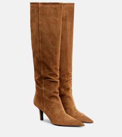 Amina Muaddi Christine 80 Suede Knee-high Boots In Brown