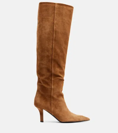 Amina Muaddi Christine 80 Suede Knee-high Boots In Brown