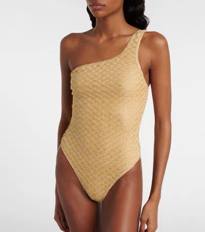 Missoni One-shoulder Lamé Swimsuit In Nude