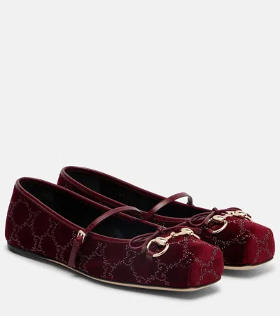 Gucci Strass-embellished Velvet Ballet Flats In Red