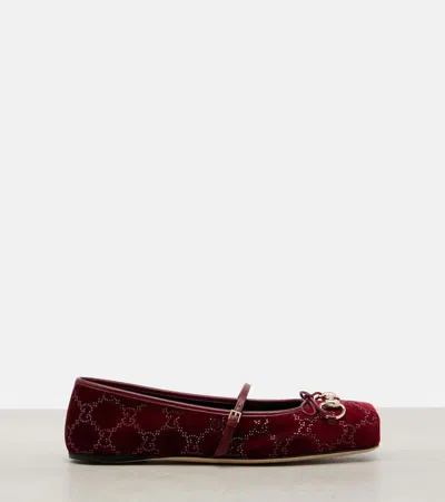 Gucci Strass-embellished Velvet Ballet Flats In Red